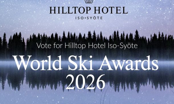 World Ski Awards 2026 nomination graphic featuring Hilltop Hotel Iso-Syöte as a nominee for Finland's Best Ski Boutique Hotel.
